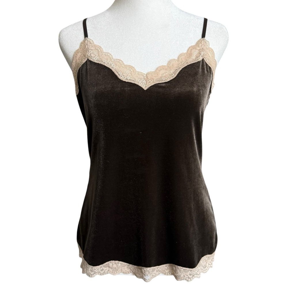 Vintage Y2K Lace Velvet Cami Tank Top S/M Chocolate Brown 90s Preppy Fairy